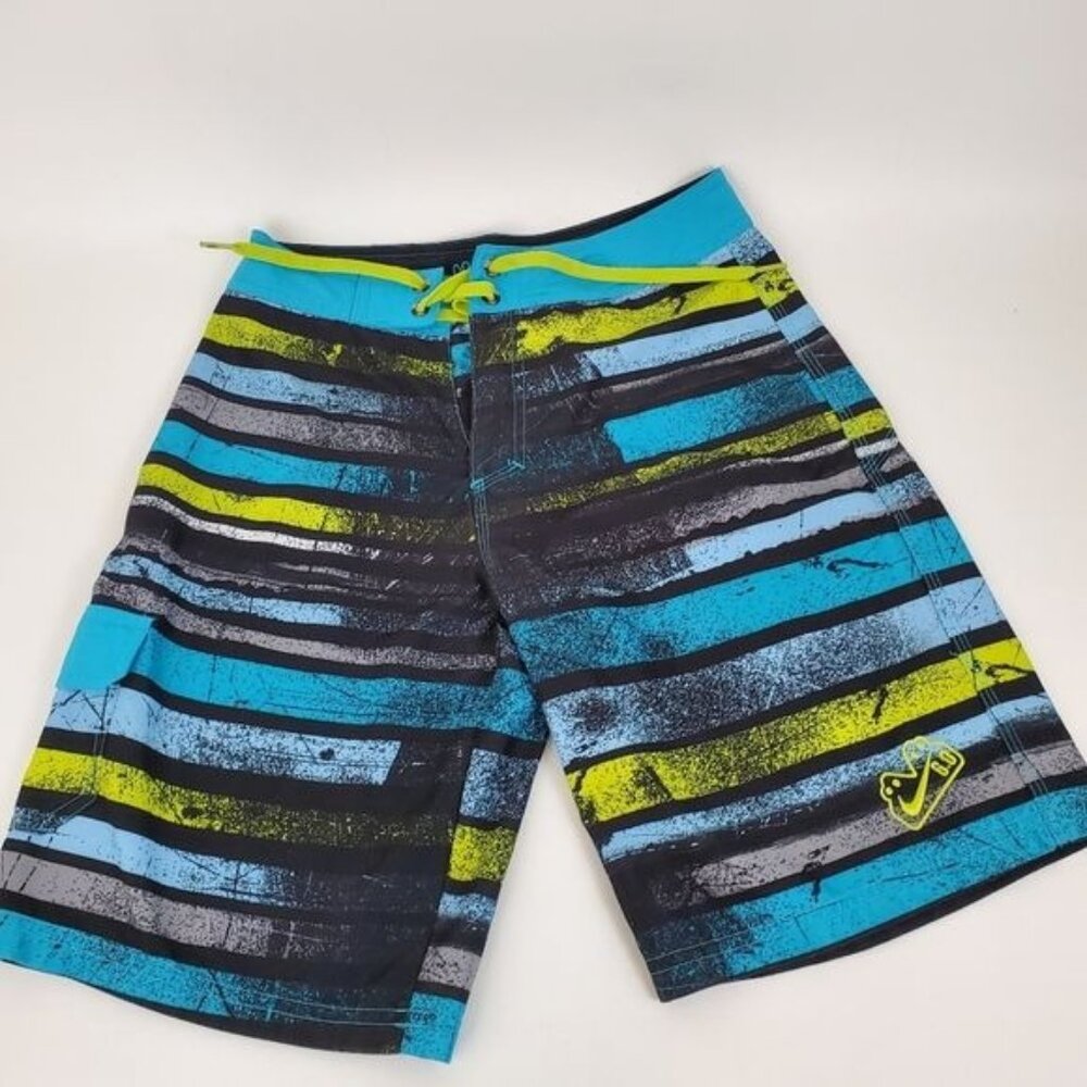 Nike 6.0 Striped Board Shorts Boys Swim Trunks Blue Yellow Pockets Size 25